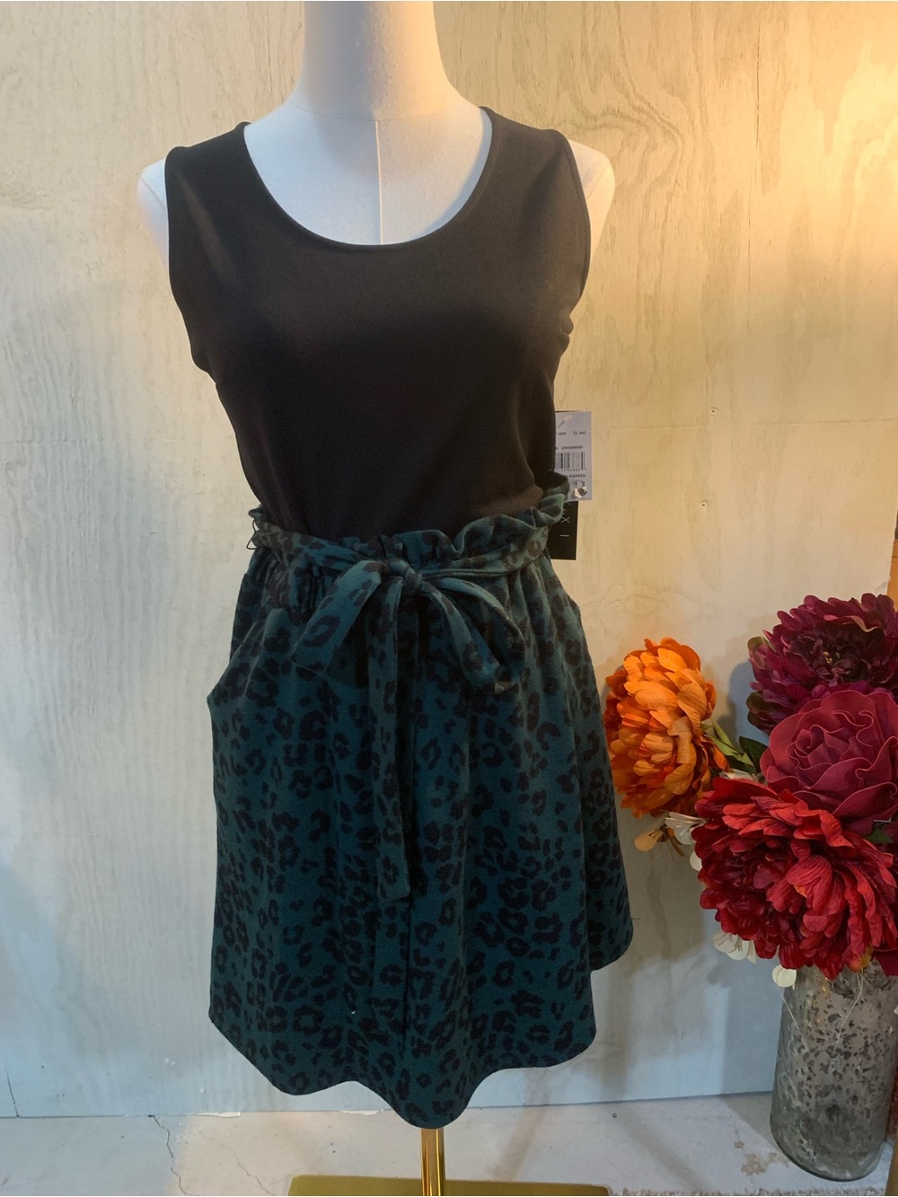 Sleeveless Black & Teal Animal-Print Mini Dress with Tie Waist